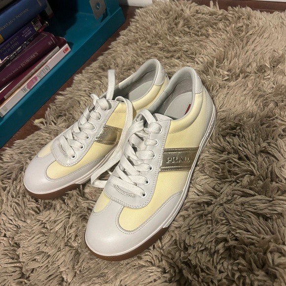 Prada White and Yellow Leather Sneakers - Picture 1 of 3